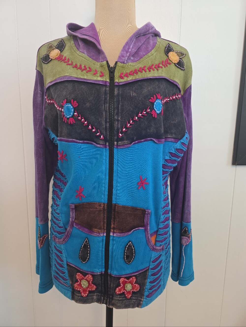 India Boutique Bogo Zip Front Multi Hoodie Embroidered Patchwork Design Size L